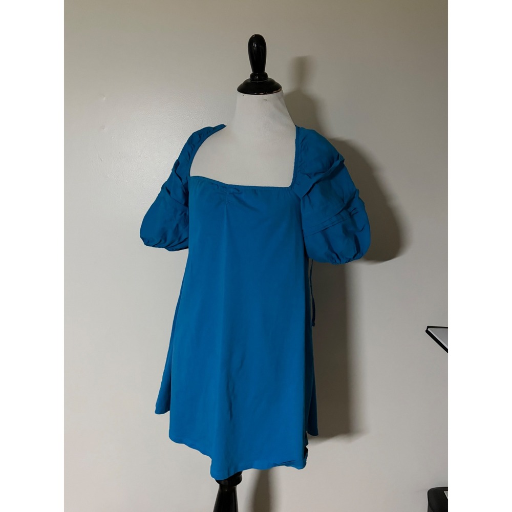 Zara Royal Blue Puff Ruffle Sleeve Mini Dress Square Neck Open Back Tie Size S